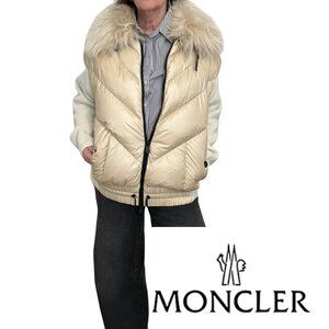 Moncler Grenoble Ivory Drawstring Down and Alpaca Collar Cardigan Wmns Small
